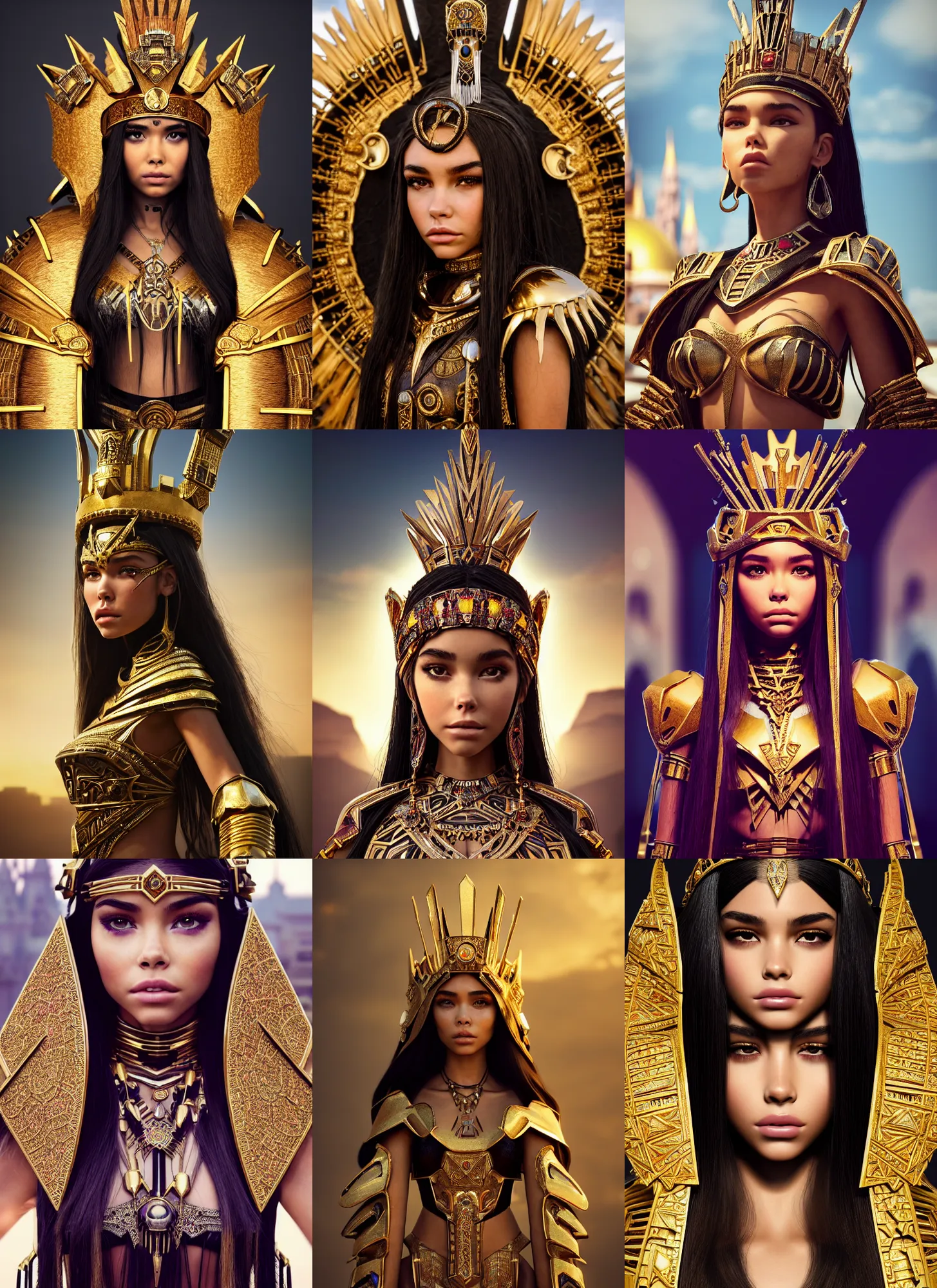 Prompt: madison beer as future aztec queen downtown | jewelry | glamorous oily soft polished rich alluring ornate modern | weta disney movie still photo | hi - fructose, sci fi fantasy, golden ratio, smooth, octane render, sharp focus, artstation, concept art | beeple, rhads, rutkowski, artgerm, mucha, wlop, loish |