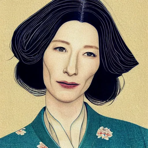 Image similar to “ cate blanchett portrait by ikenaga yasunari and ayana otake and ko rakusui, 6 0 s poster, drawing, realistic, sharp focus, japanese, dreamy, nostalgia, faded, golden hues, floral clothes, porcelain skin ”