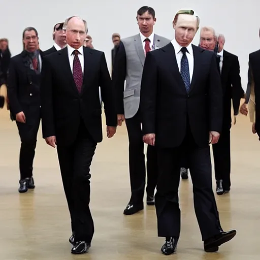 Prompt: putin in high - heeled shoes, walking down the catwalk, stumbling and falling