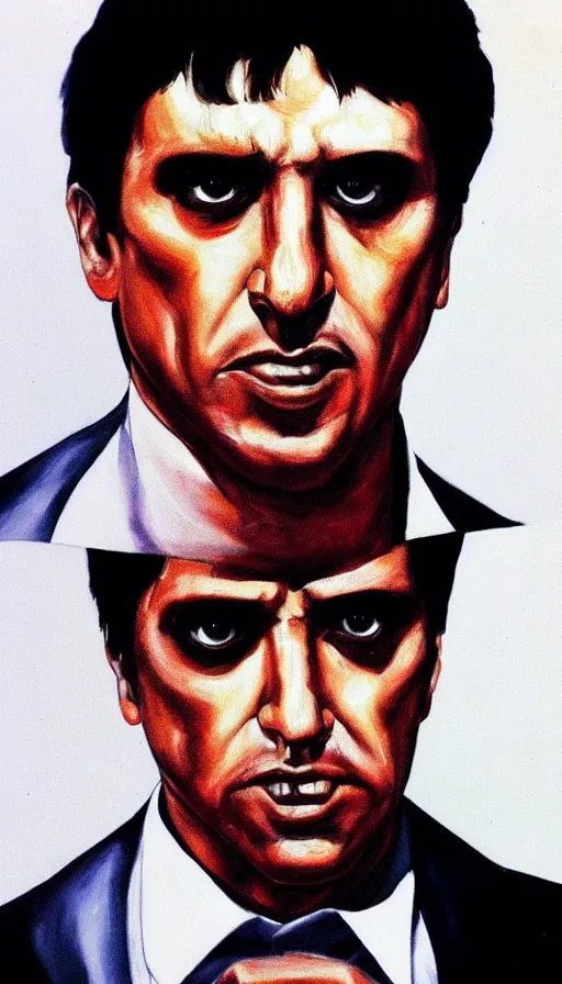 Image similar to close up. perfect symmetric face, coherent symmetric eyes. detailed face. portrait of tony montana from movie scarface. angry face. contrast colors