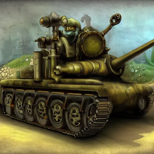 Image similar to a tank with mechanical legs, a gnome peeking out, steam punk, detailed digital art