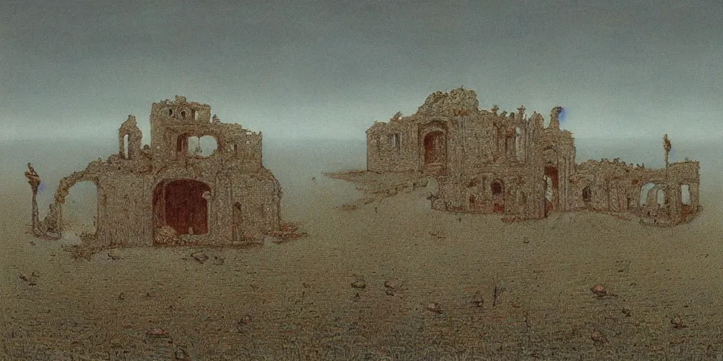 Prompt: a ruined kingdom painted by Zdzisław Beksiński