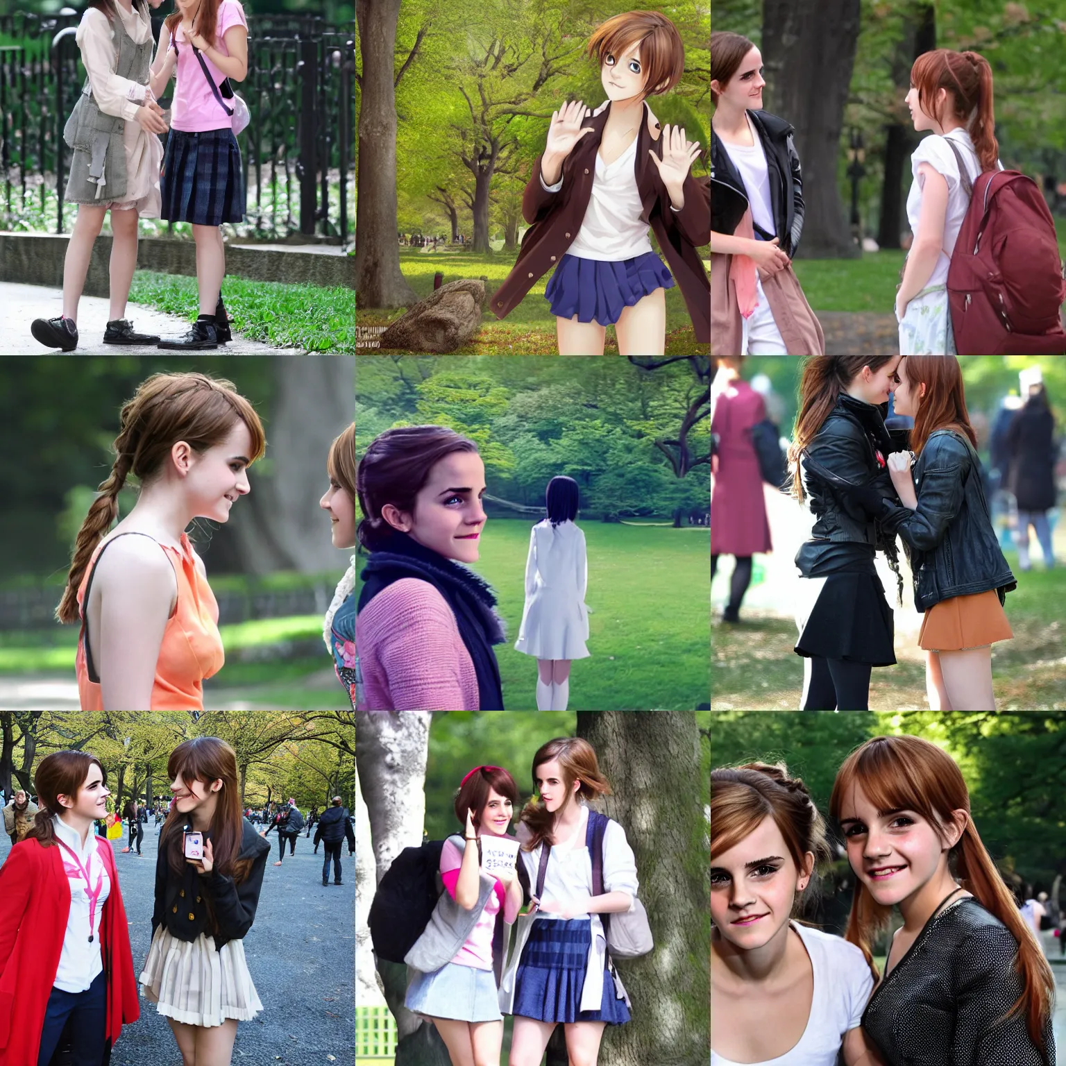 Prompt: photorealistic Emma Watson meets a cute smiling anime girl in Central Park