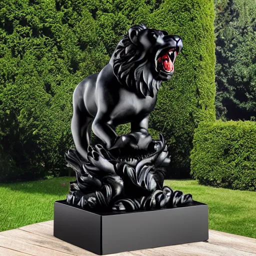 Prompt: black onyx statue of a savage roaring lion with wings