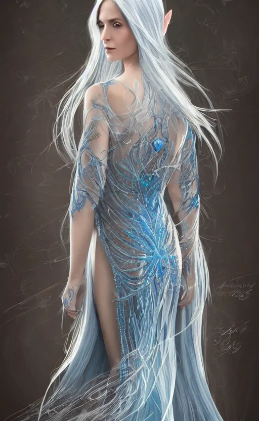 Image similar to an elven woman with long, silver hair cascading down her back. she has delicate, angular features and piercing blue eyes. she's clad in a flowing white dress with intricate silver embroidery, dynamic lighting, photorealistic fantasy concept art, trending on art station, stunning visuals, creative cinematic, ultra detailed