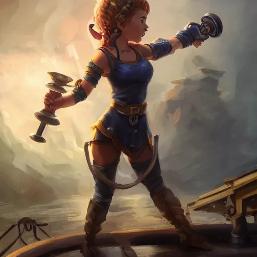 Image similar to beautiful muscular charming female gnome mechanic, magic crackling lightning iron gauntlet arms, short black pixie undercut hair, standing on ship deck, naval background, intricate, fantasy magic, highly detailed, full body portrait, wide angle, digital painting, artstation, smooth, sharp focus, great composition, illustration, art by Greg Rutkowski, trending on artstation