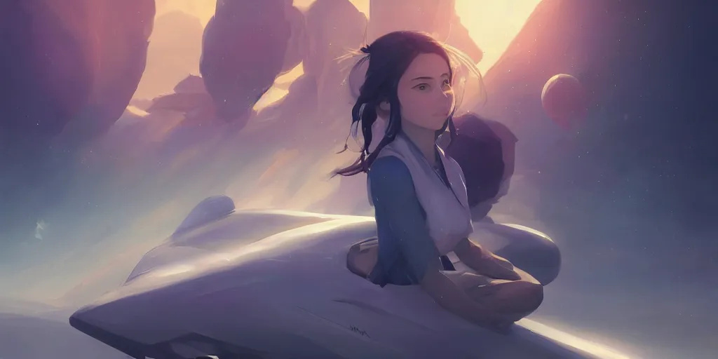 Image similar to Young Himalayan woman, somber white eyes, long, gentle lighting, piloting a small space shuttle, futuristic, dim lighting, digital art by Makoto Shinkai ilya kuvshinov and Wojtek Fus, digital art, concept art,