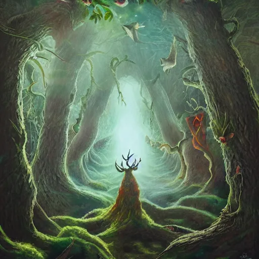 Image similar to painting of the beings of the forest, fantasy, surreal, very detailed, 8k