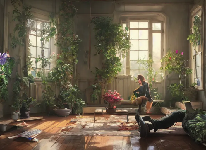 Image similar to inside a living room with flowers, thin contur lines, unreal engine, fantasy art by greg, loish, rhads, ferdinand knab, tom bagshaw, makoto shinkai and lois van baarle, rossdraws, ilya kuvshinov, night lighting, trending on studio ghibli, highly detailed, 8 k, octane render