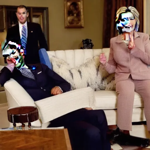 Prompt: joe biden cuddling on a loveseat with hillary clinton next to a cozy fire while they watch a pelican in a top hat do a funny jig in front of them