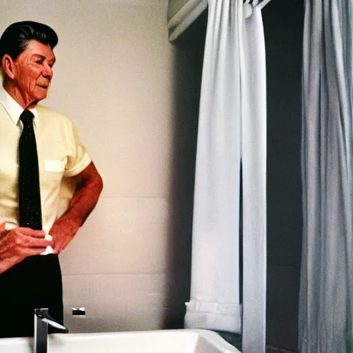 Image similar to wide angle 4 k portrait of ronald reagan showering