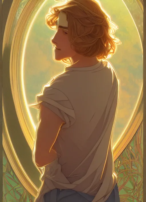 Prompt: pretty young man with shoulder length shiny shimmering golden blond hair, path traced, highly detailed, high quality, digital painting, by studio ghibli and alphonse mucha, leesha hannigan, disney