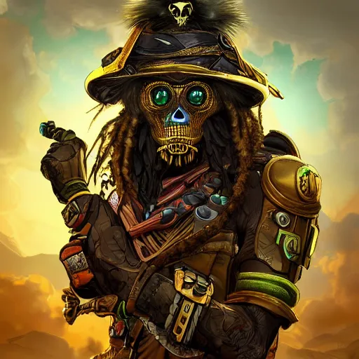 Prompt: a golden skull face monkey warrior with dreadlocks and emeralds in his forehead, Apex Legends character digital illustration portrait design, by android jones, detailed, cinematic lighting, wide angle action dynamic portrait