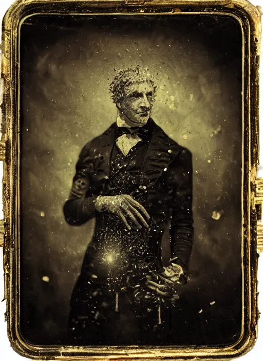 Image similar to old wetplate daguerreotype portrait of a gentleman explosion of data fragments, fractal, intricate, elegant, highly detailed, parallax, leica, medium format, subsurface scattering, by jheronimus bosch and greg rutkowski and louis jacques mande daguerre