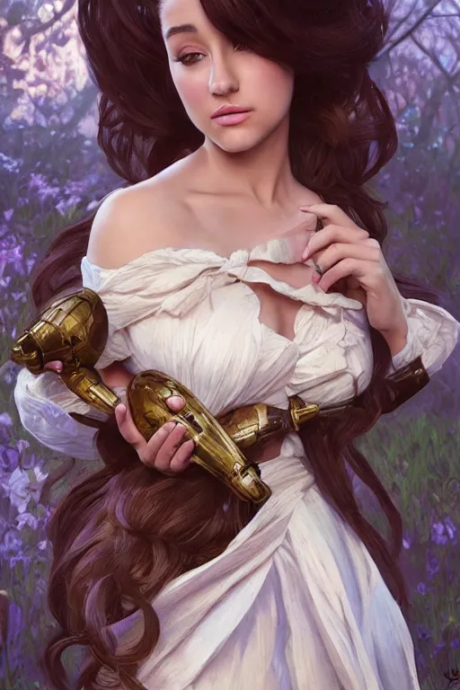 Prompt: beautiful cottagecore Ariana Grande bombshell, full body shot, intricate, elegant. the background is chocolate !. highly detailed, digital painting, artstation, concept art, smooth, sharp, focus, illustration. . art by artgerm and greg rutkowski and alphonse mucha