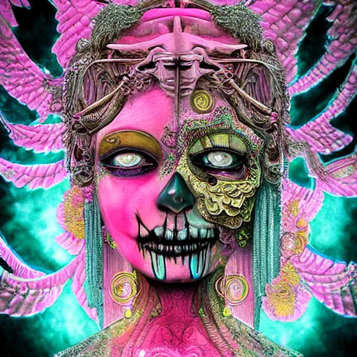 Prompt: a beautiful detailed 3d painting of a female goddess of the dead, ominous, magical realism, texture, seductive, erotic, tempting, beautiful face, intricate, ornate, black, gold, neon pink, colors line work, Tarot Card, Mandelbulb Fractal, royally decorated, skull, skeleton, whirling smoke, embers, adornments, 8k