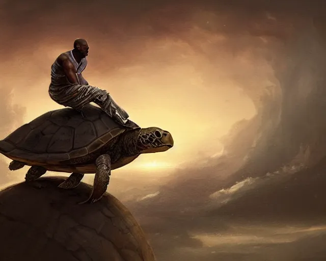 Image similar to kobe bryant riding on a turtle in heaven, fantasy art, in the style of greg rutkowski, illustration, epic art, fantasy, intricate, elgant, amazing detail, digital painting, artstation, concept art, smooth, sharp focus