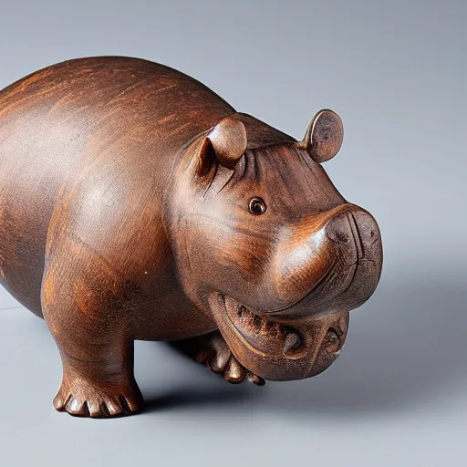 Image similar to a small hippo statue with natural wood belly and polished blue back