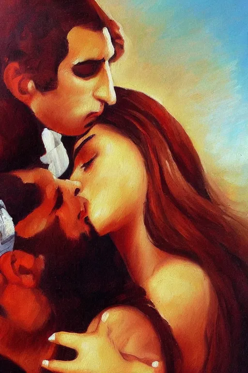 Prompt: man kisses girl beautiful harmony oil painting