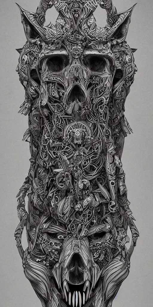 Prompt: A totem with a skull and an wolf, coherent, symmetrical, intricate, high detail, digital painting, hyper realism, octane render, 4k, trending on artstation