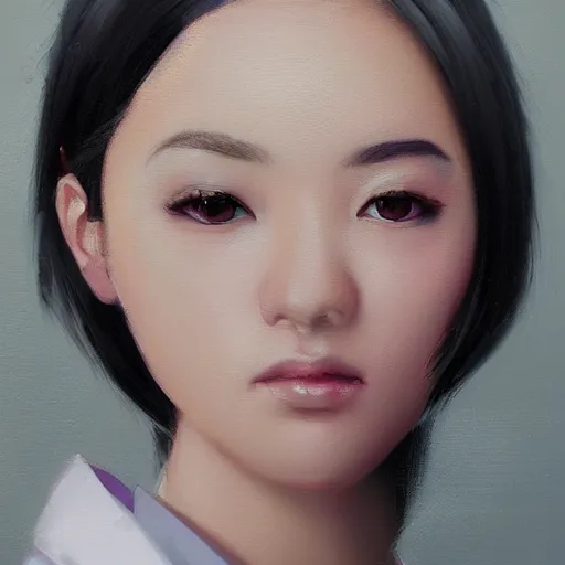 Prompt: Portret of Nakamura Aya, lilac eyes, straight black hair cut in a bob, japanese school uniform, front closeup, highly detailed, centered, oil painting, artstation, anime painting by WLOP