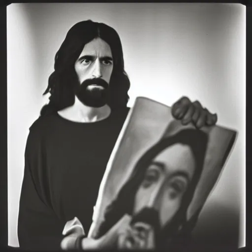 Image similar to photo of Jesus Christ by Diane Arbus, black and white, high contrast, Rolleiflex, 55mm f/4 lens