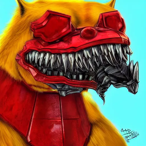 Image similar to digital drawing of a yellow monster dog with iron armor and fangs protruding from its snout, concept art, hyper detailed, global light, painted, yellow and red, low contrast, lowlights, hdr 8 k, by artgerm