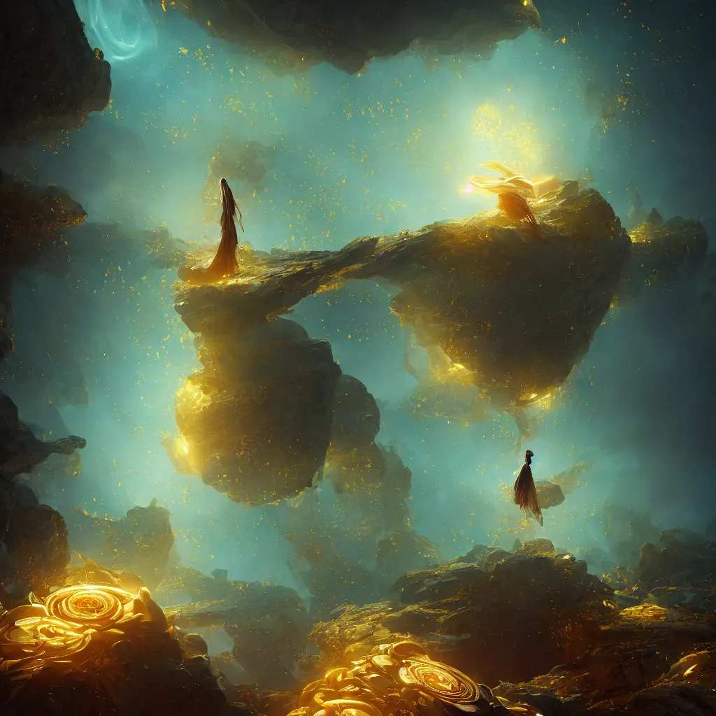 Image similar to within a flower the whole and finite capsule apparent with awe the apparition, an idea seep's into infinity highly detailed in volumetric latent space, golden turquoise steampunk, high contrast cinematic light, mystical shadows, sharp focus, divine realm of gods, octane render, artist by greg rutkowski,