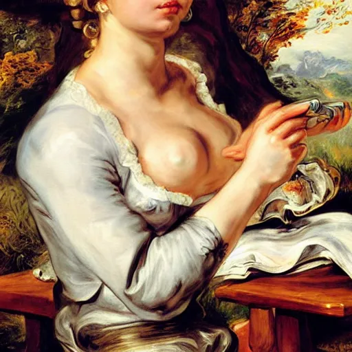 Image similar to heavenly summer sharp land sphere scallop lady working at a computer auslese, by peter paul rubens and eugene delacroix and karol bak, hyperrealism, digital illustration, fauvist