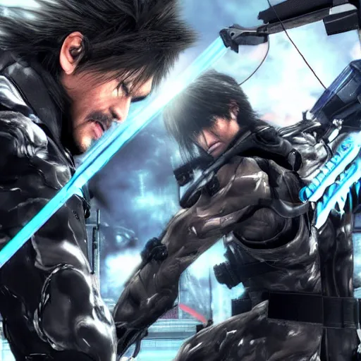 Prompt: hideo and kojima fight to the death in metal gear rising : revengeance