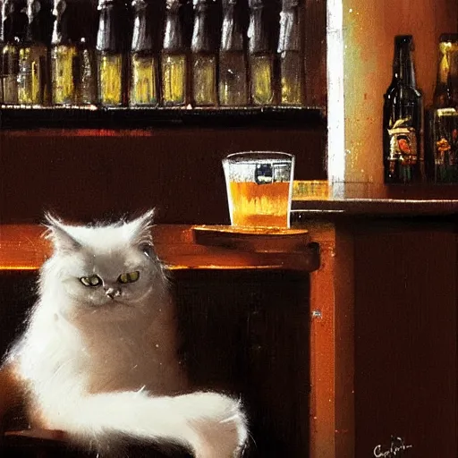 Image similar to of a british longhair cat sitting at the bar next to a beer, by greg rutkowski