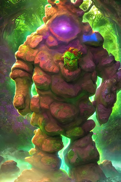 Image similar to arcane fantasy art giant golem elemental wood rock bastion forged gemstone enchanted forest troll, global illumination ray tracing hdr fanart arstation by sung choi and eric pfeiffer and gabriel garza and casper konefal lisa frank zbrush central hardmesh radiating a glowing aura