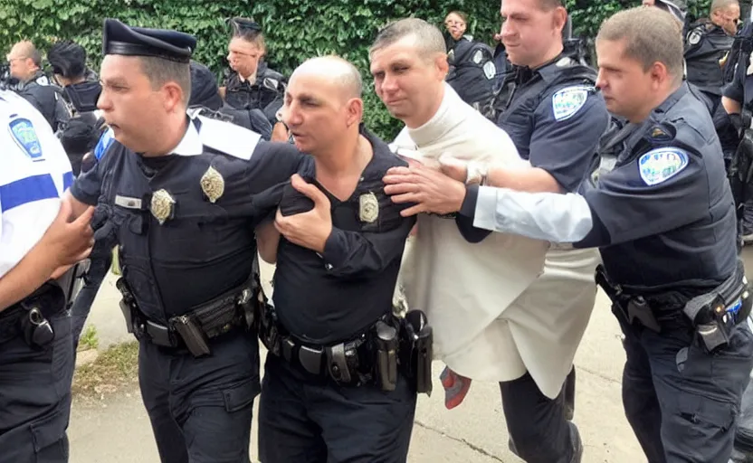 Image similar to photography of priest detained by police, flash shot, arrested and handcuffed