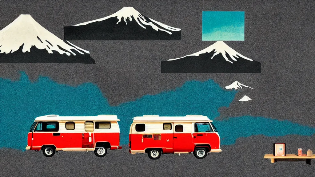 Image similar to japan various natural splendor and rural camper touring, a representational non - abstract collage painting, in the style of wes anderson, lola dupre, david hockney, isolated on negative space background bright monochrome spraypaint accents volumetric octane render