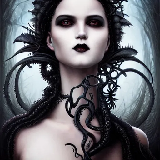 Prompt: By Tom Bagshaw, ultra realist soft painting of a curiosities carnival ornaments spikes and tentacles by night, very beautiful female dollpunk in full gothic dress and black eyes, symmetry accurate features, very intricate details, omnious sky, black and white, volumetric light clouds