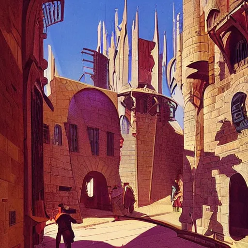 Image similar to Medieval city designed by Syd Mead