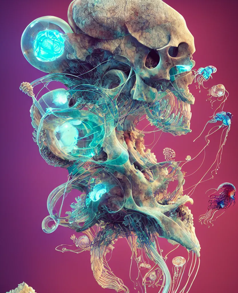 Image similar to goddess close-up portrait ram skull, thorax, x-ray, backbone, jellyfish phoenix head, nautilus, orchid, skull, betta fish, bioluminiscent creatures, intricate artwork by Tooth Wu and wlop and beeple. octane render, trending on artstation, greg rutkowski very coherent symmetrical artwork. cinematic, hyper realism, high detail, octane render, 8k