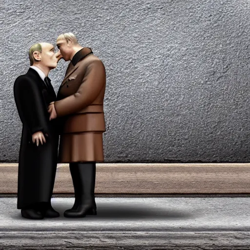 Prompt: Hitler kissing Putin, realistic photo, 8k, grotesque,