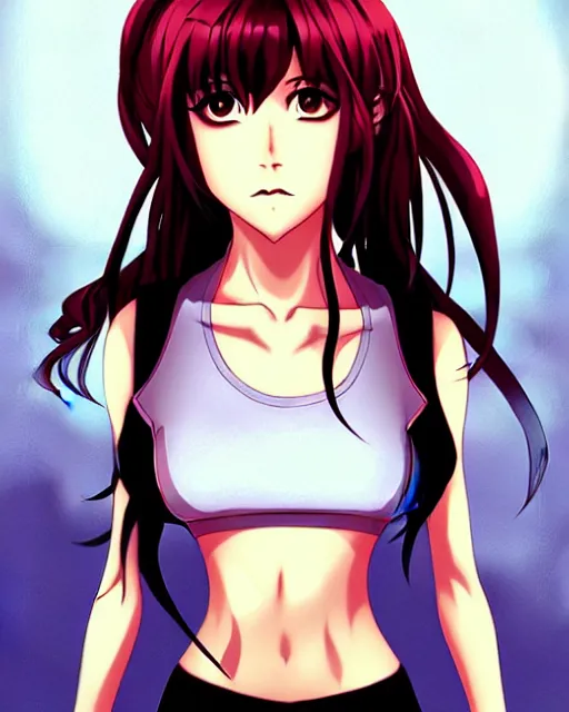 Image similar to style of madhouse studio anime, rei hiroe, loish, artgerm, joshua middleton, portrait of revy from black lagoon, symmetrical eyes and symmetrical face, jean shorts, white tank top, waist up, smirk on face, evening, natural lighting