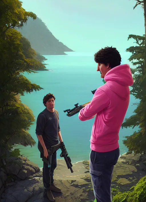 Image similar to highly detailed portrait justin trudeau in ( ( pink hoody rainbow socks ) ) holding ar - 1 5! ( setting costa rica ) in gta v stephen bliss unreal engine fantasy art by greg rutkowski loish rhads ferdinand knab makoto shinkai lois van baarle ilya kuvshinov rossdraws tom bagshaw global illumination radiant light detailed intricate environment