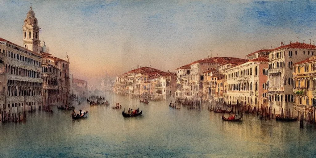 Prompt: a hiper intricate watercolor of a beatiful venice, extremely detailed, sharp focus, wide view, detailed rought paper, digital illustration, colorfull, by william turner art, by greg rutowski, by carl larson, by edmund dulac