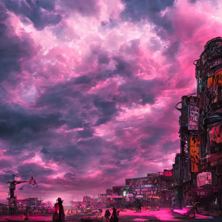 Image similar to oil painting, rich deep colors masterpiece, pink, people with mohawks, punk, neon, ultra detailed, contrast, heaven pink, arches, clouds, sky, volumetric light, atmospheric lighting, dramatic, cinematic, steampunk, moody, octane render 4 k, 8 k