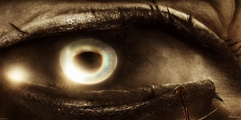 Image similar to the eye of sauron from lord of the rings, the great eye, shadow of mordor, lord of the rings, jrr tolkien, hd, 8 k rpg, dungeons and dragons, elden ring, adventure, environment, smooth, sharp focus, deviantart, artstation