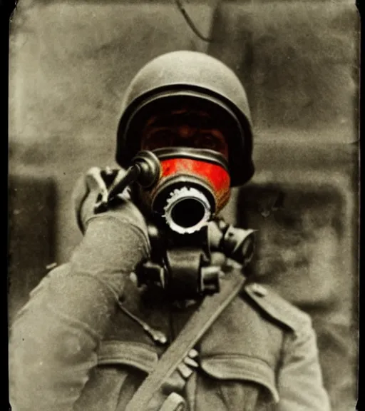 Image similar to person wearing gas mask, ww1 technicolor film photo, grainy, high detail, high resolution