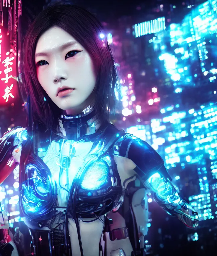 Prompt: japanese model cyborg with digital led skin, neon lighting, techno neon projector background, portrait photo, intricate details, ultra realistic, unreal engine 5, depth of field, bokeh, octane render, 8 k hd