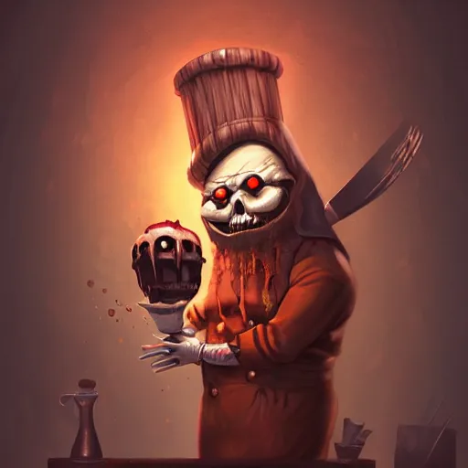 Prompt: a creepy cleaver-headed chef, fantasy art. Dark background, detailed, trending on Artstation