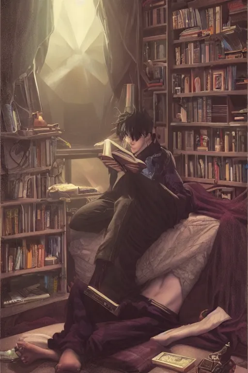 Prompt: goth guy sitting on the floor of a cluttered 9 0 s bedroom reading a book by artgerm, tom bagshaw, gerald brom, vaporwave colors, lo - fi, 4 k, hd,