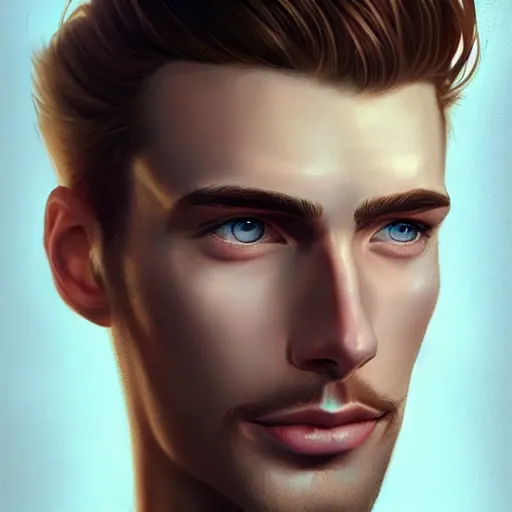 Image similar to tall man in his twenties with brown blond short quiff hair and round facial structure with cleft chin, straight eyebrows, cheekbones, lightly blue eyes, wide face, shadow of beard, atmospheric lighting, painted, intricate, 4 k, highly detailed by charlie bowater