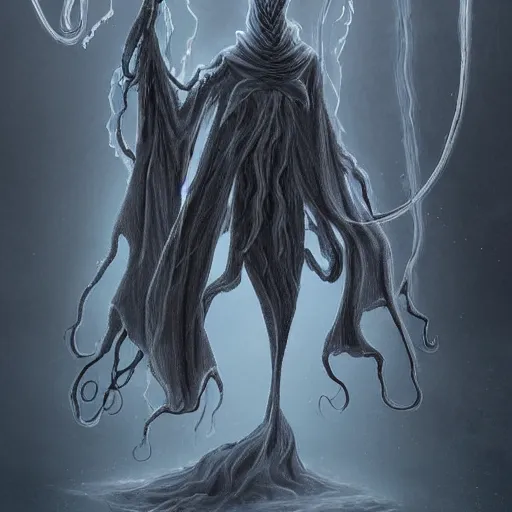 Prompt: concept designs for an ethereal ghostly wraith like figure with a squid like parasite latched onto its head and long tentacle arms that flow lazily but gracefully at its sides like a cloak while it floats around a frozen rocky tundra in the snow searching for lost souls and that hides amongst the shadows in the trees, this character has hydrokinesis and electrokinesis for the resident evil village video game franchise with inspiration from the franchise Bloodborne