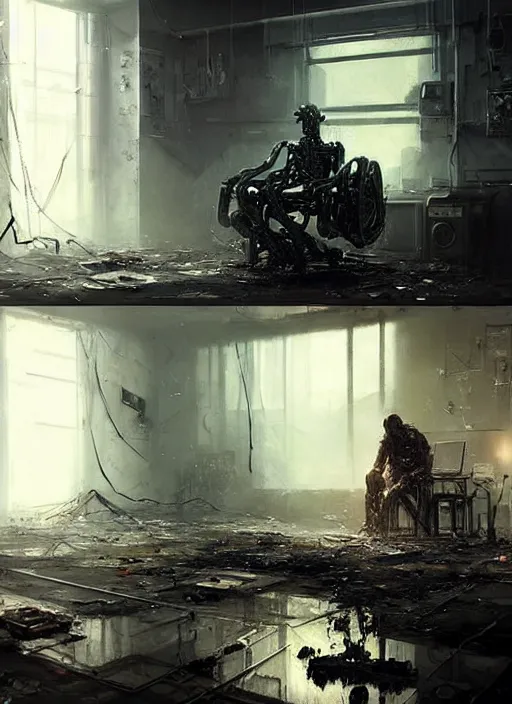 Image similar to a cyborg sitting on the floor, inside an old apartment, cybernetic parts and wires scattered across the floor, dystopian aesthetics, detailed oil painting, misty, ethereal, dramatic lighting, ominous, by craig mullins and ruan jia and jeremy mann